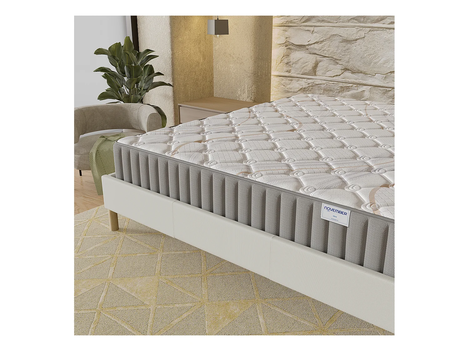 Ensemble matelas + lit 140x200 cm, matelas 16cm mousse, accueil latex, lit à lattes en bois, tissu blanc