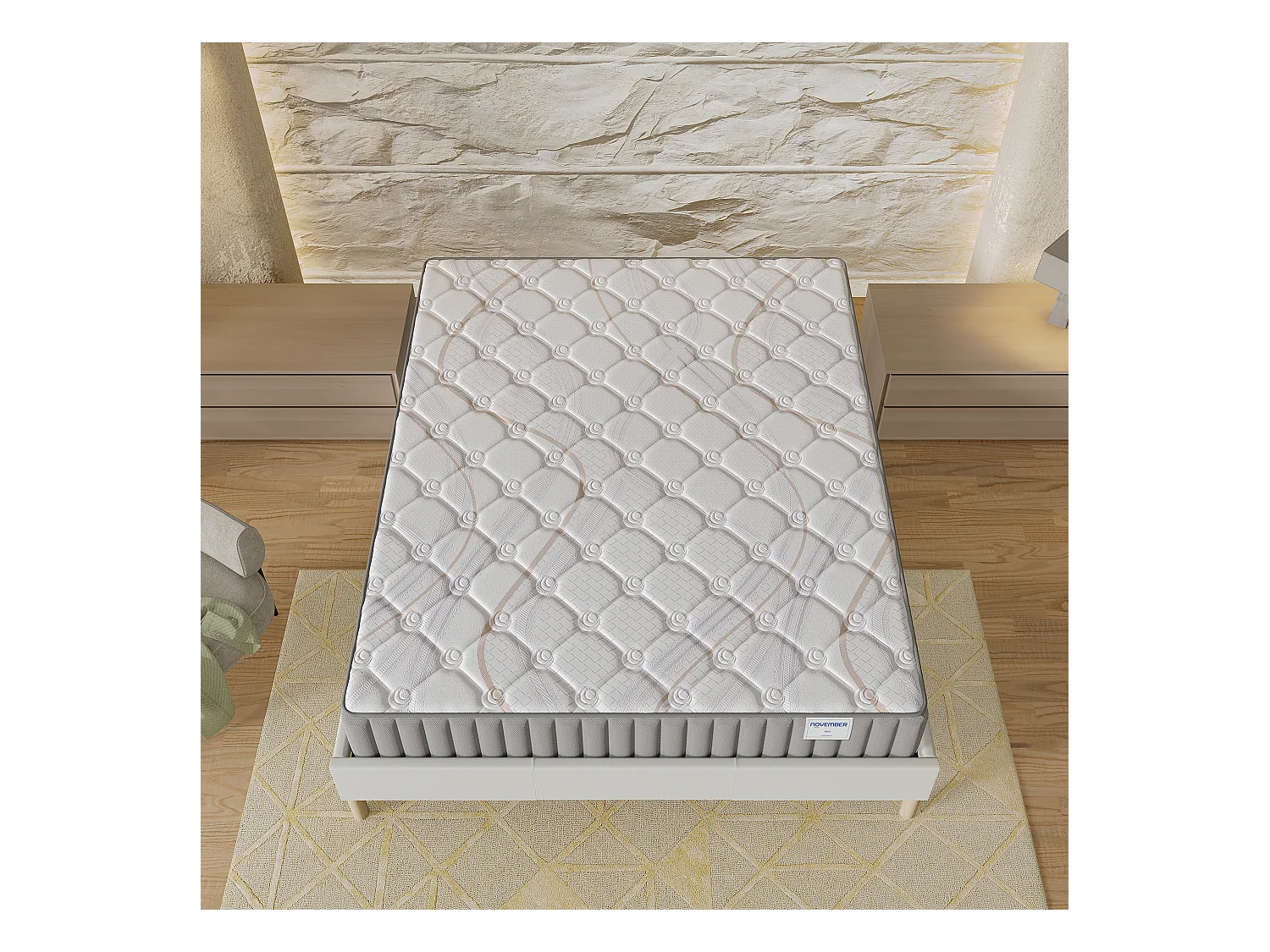 Ensemble matelas + lit 140x200 cm, matelas 16cm mousse, accueil latex, lit à lattes en bois, tissu blanc