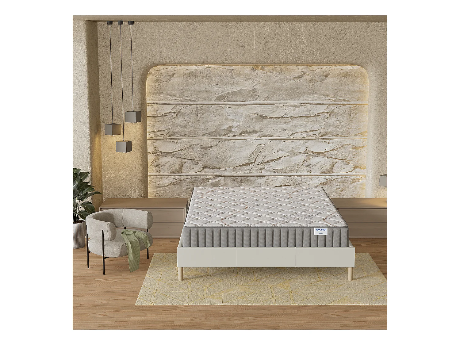 Ensemble matelas + lit 140x200 cm, matelas 16cm mousse, accueil latex, lit à lattes en bois, tissu blanc