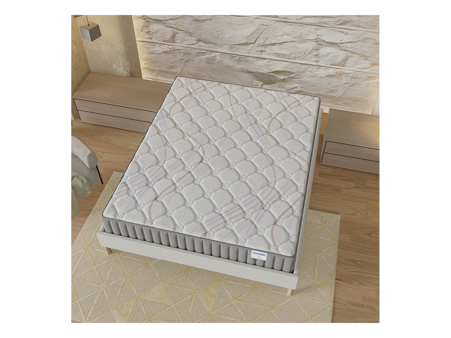 Ensemble matelas + lit 140x200 cm, matelas 16cm mousse, accueil latex, lit à lattes en bois, tissu blanc