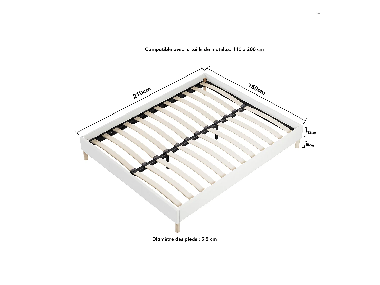 Ensemble matelas + lit 140x200 cm, matelas 16cm mousse, accueil latex, lit à lattes en bois, tissu blanc