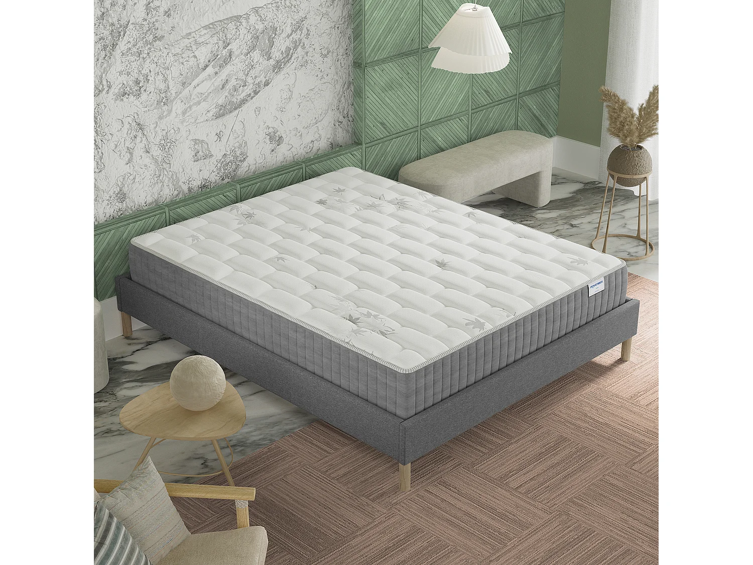Ensemble Matelas + lit 160x200 cm, Matelas 25cm ressorts ensachés, accueil mémoire de forme, lit à lattes en bois, tissu gris