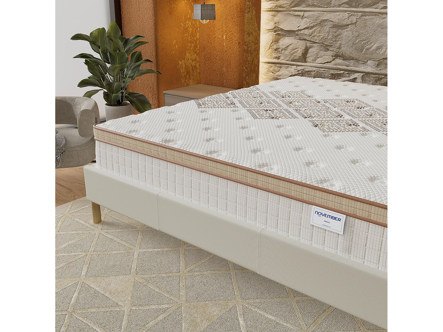 Ensemble matelas + lit 180x200 cm, matelas 28cm ressorts ensachés, accueil mousse, lit à lattes en bois, tissu blanc crème