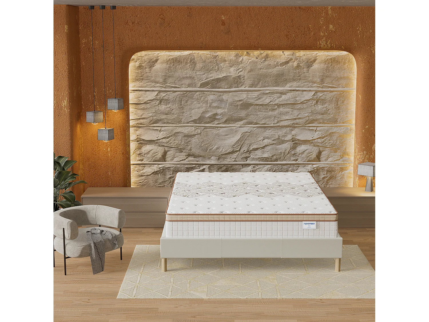 Ensemble matelas + lit 180x200 cm, matelas 28cm ressorts ensachés, accueil mousse, lit à lattes en bois, tissu blanc crème