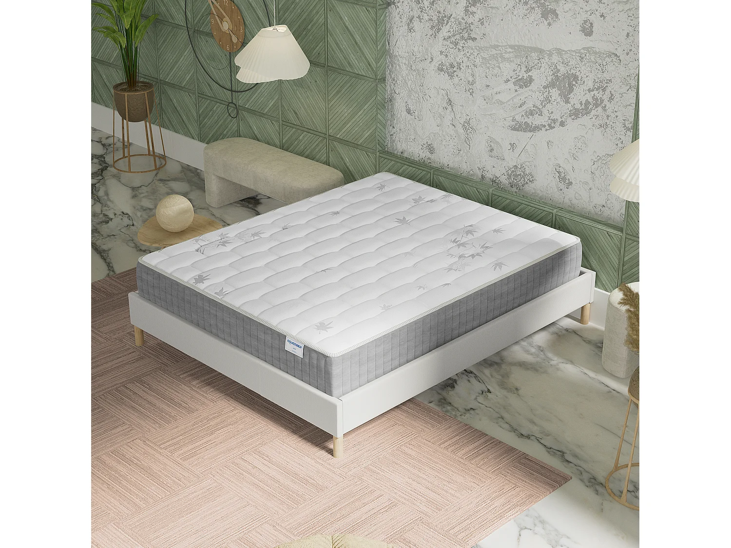 Ensemble Matelas + lit 140x200 cm, Matelas 25cm ressorts ensachés, accueil mémoire de forme, lit à lattes en bois, tissu blanc