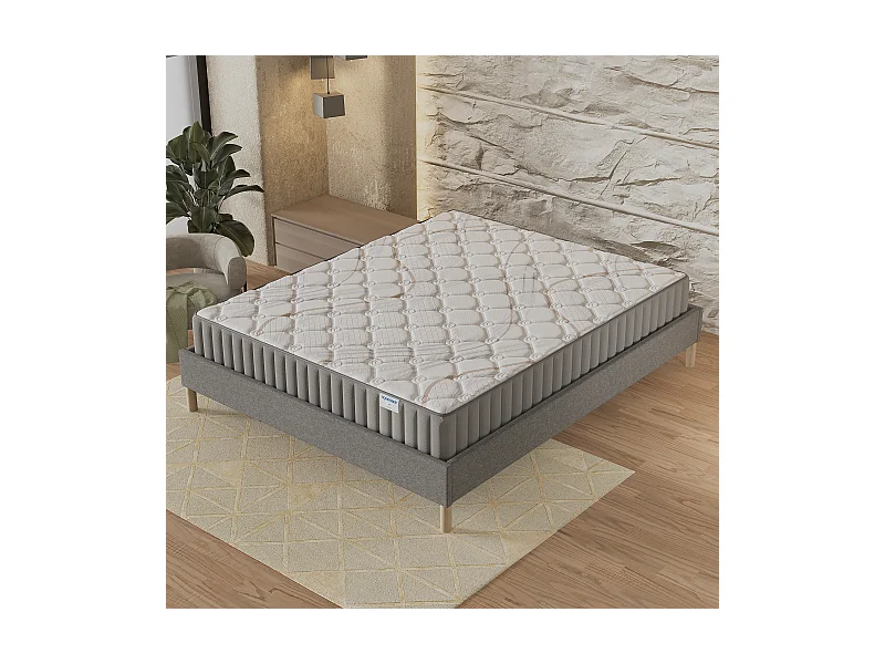Ensemble matelas + lit 120x190 cm, matelas 22cm mousse, accueil latex, lit à lattes en bois, tissu gris