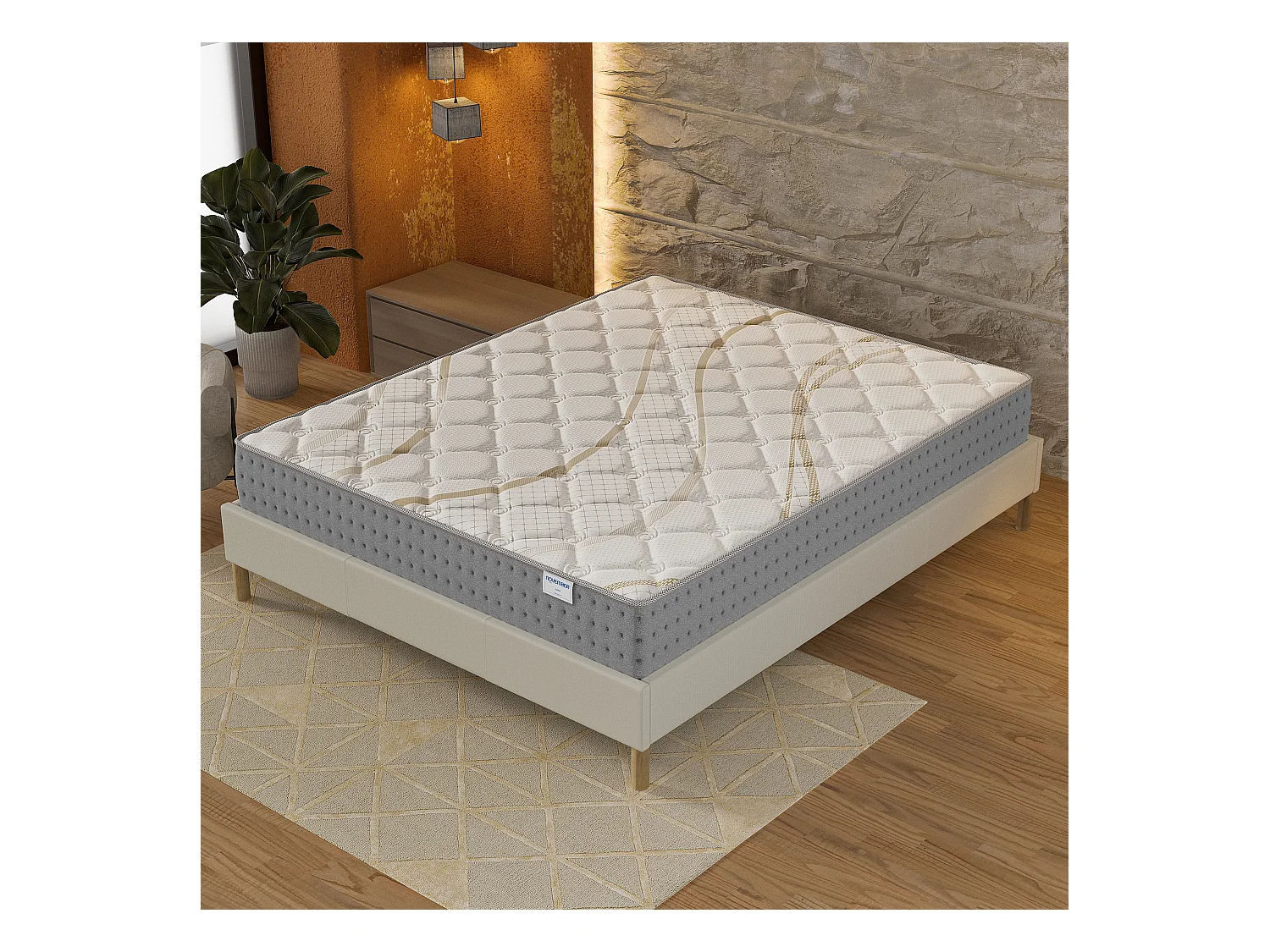 Ensemble Matelas + lit 140x190 cm, Matelas 25cm ressorts ensachés, accueil mousse, lit à lattes en bois, tissu blanc