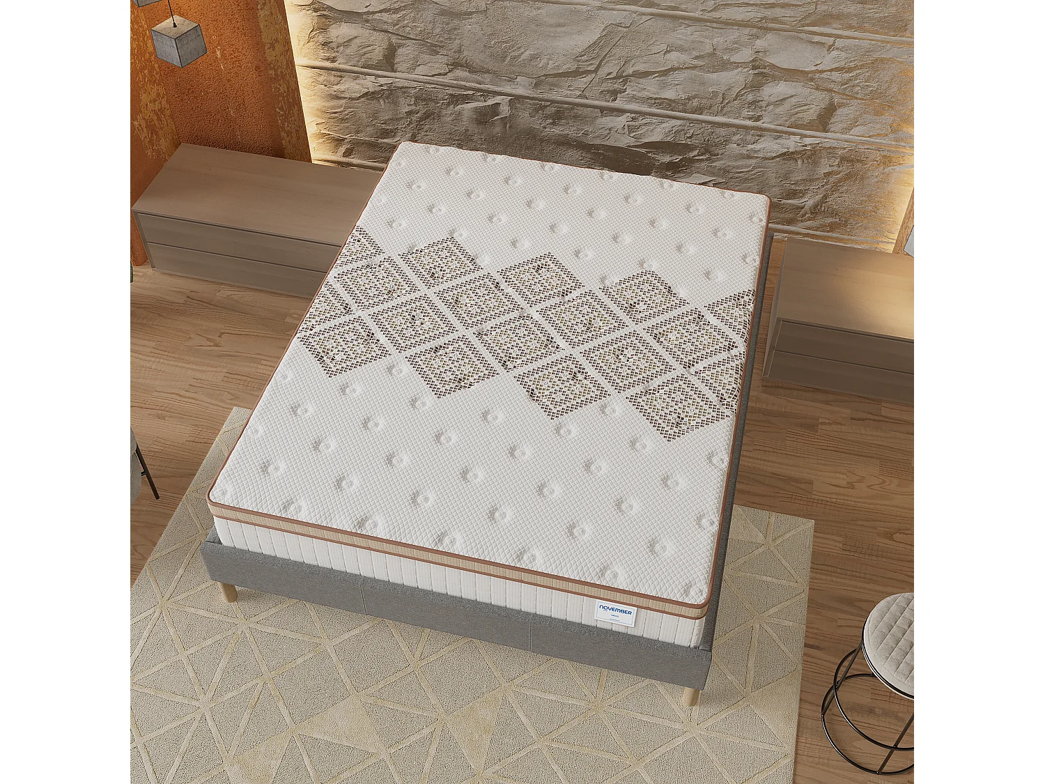 Ensemble matelas + lit 140x190 cm, matelas 28cm ressorts ensachés, accueil mousse, lit à lattes en bois, tissu gris