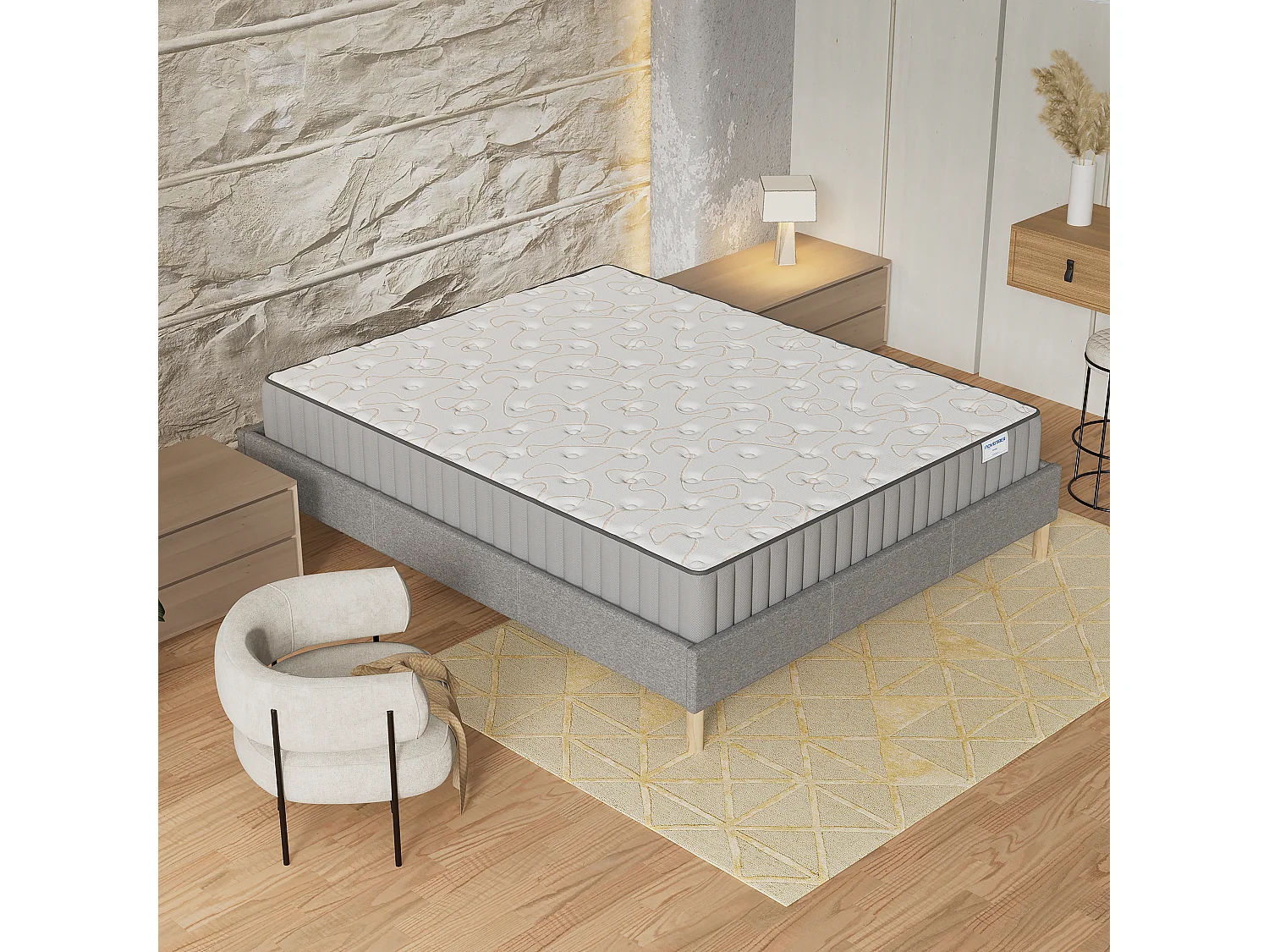 Ensemble matelas mémoire de forme + sommier 160x200cm, Matelas 22cm d’épaisseur et sommier tissu gris