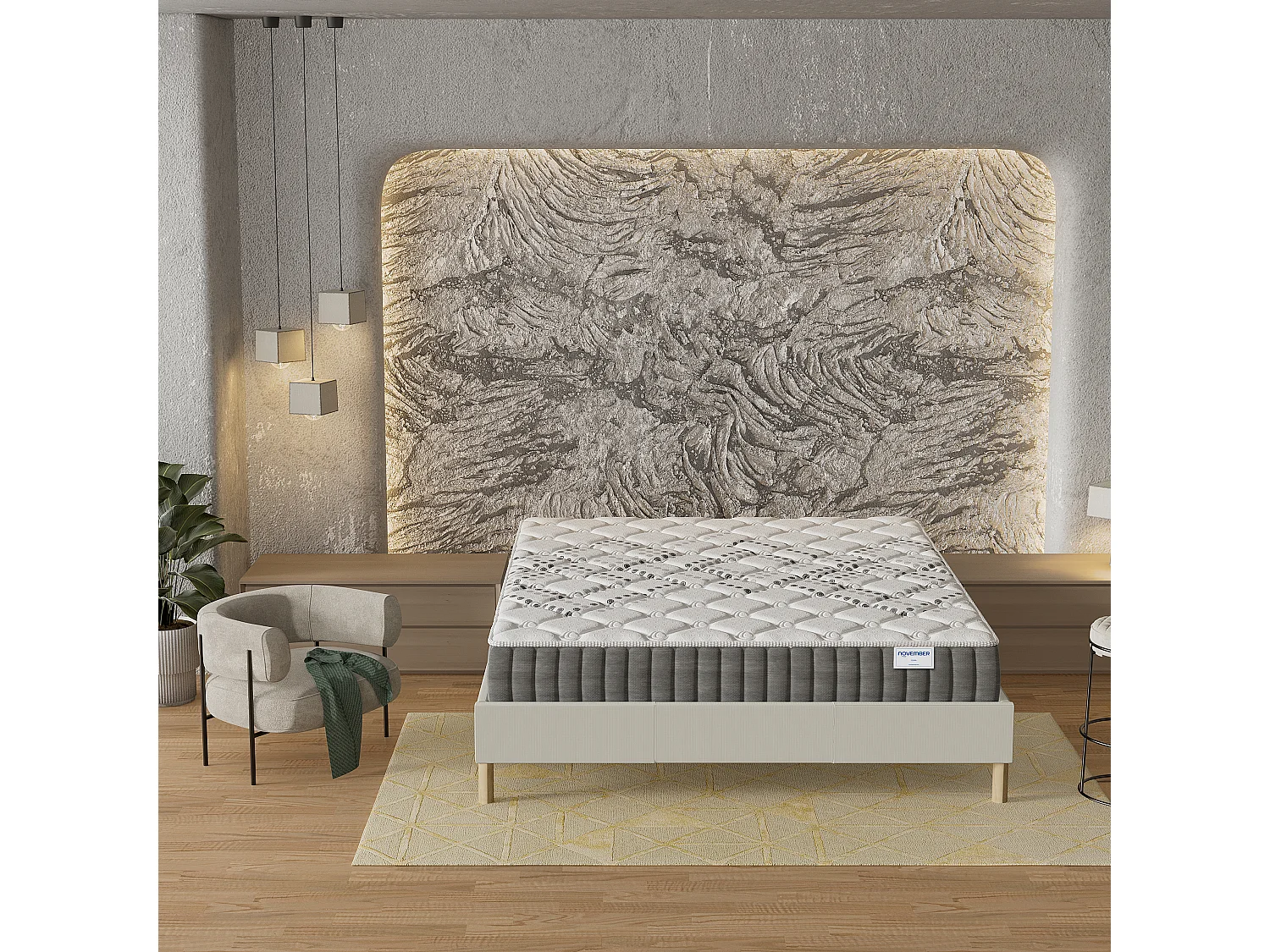 Ensemble Matelas + lit 140x200 cm, Matelas 20cm ressorts ensachés, accueil mousse, lit à lattes en bois, tissu blanc