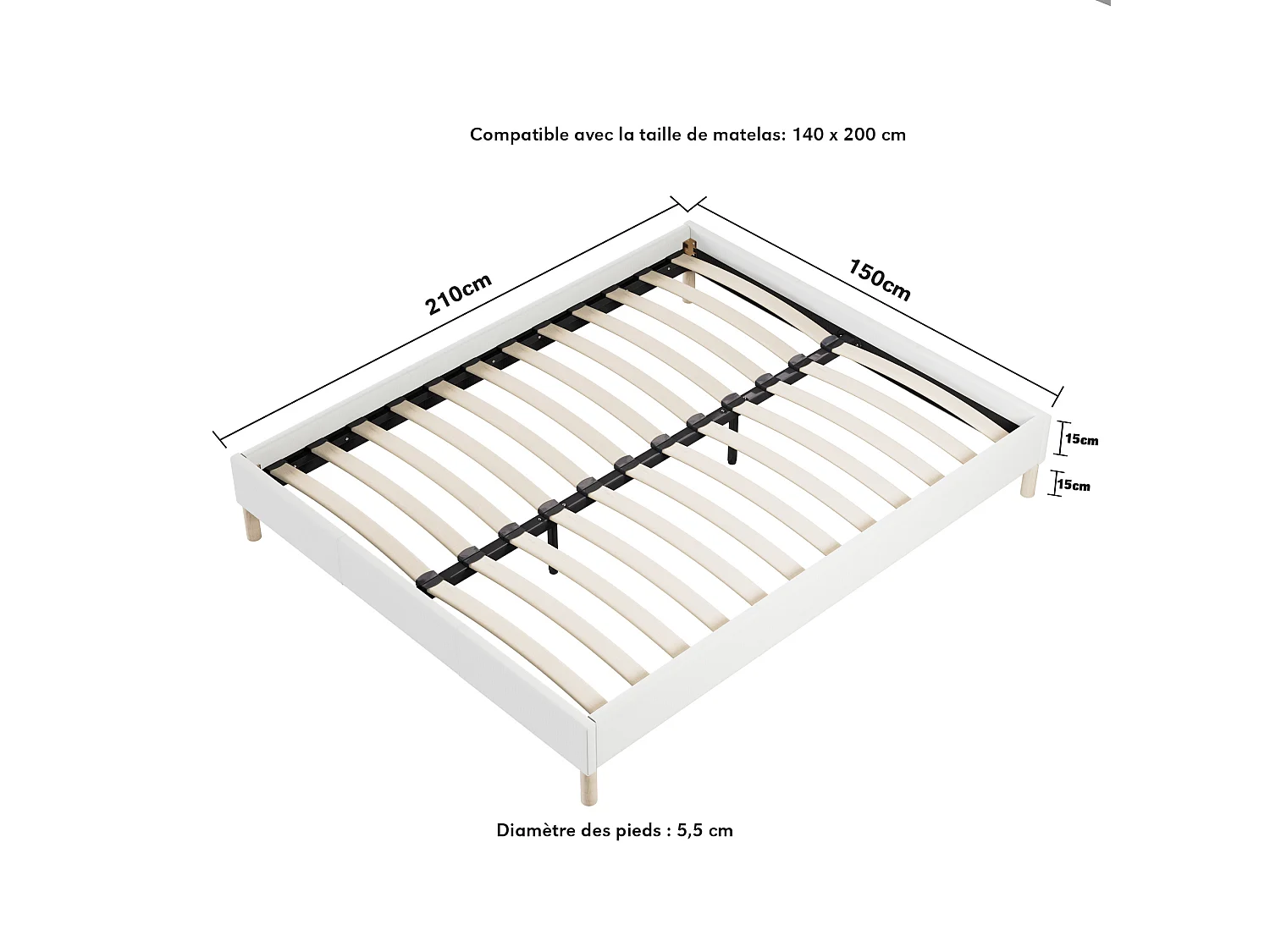 Ensemble Matelas + lit 140x200 cm, Matelas 20cm ressorts ensachés, accueil mousse, lit à lattes en bois, tissu blanc