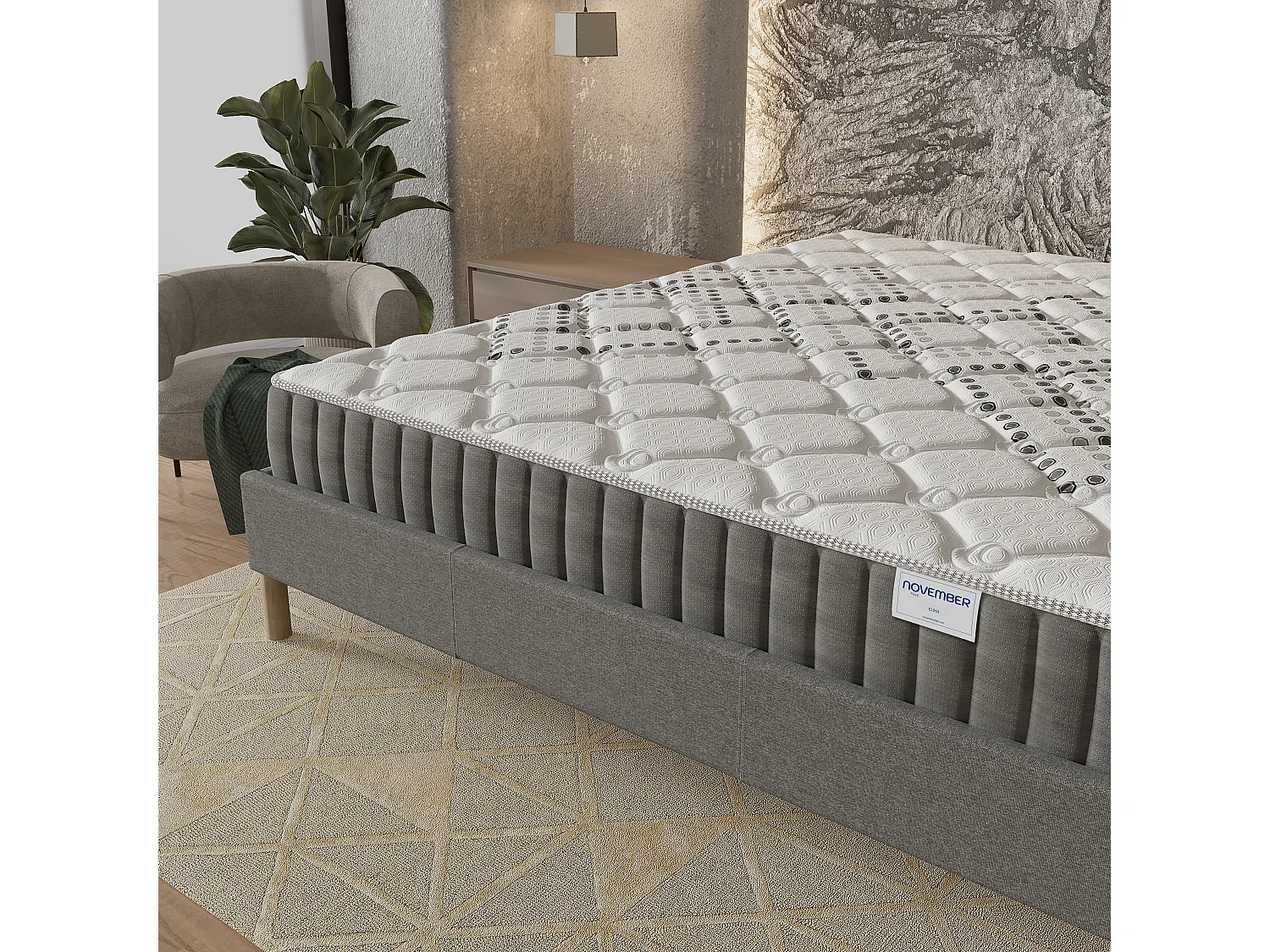 Ensemble Matelas + lit 140x190 cm, Matelas 20cm ressorts ensachés, accueil mousse, lit à lattes en bois, tissu gris