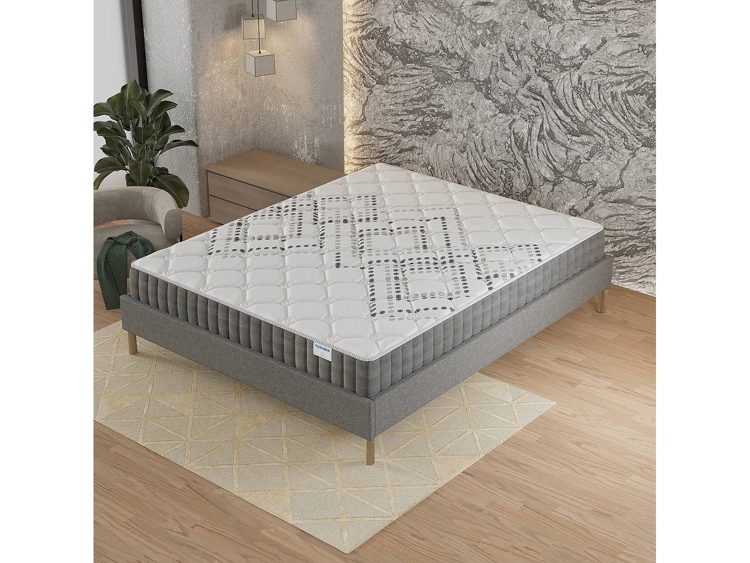 Ensemble Matelas + lit 140x190 cm, Matelas 20cm ressorts ensachés, accueil mousse, lit à lattes en bois, tissu gris