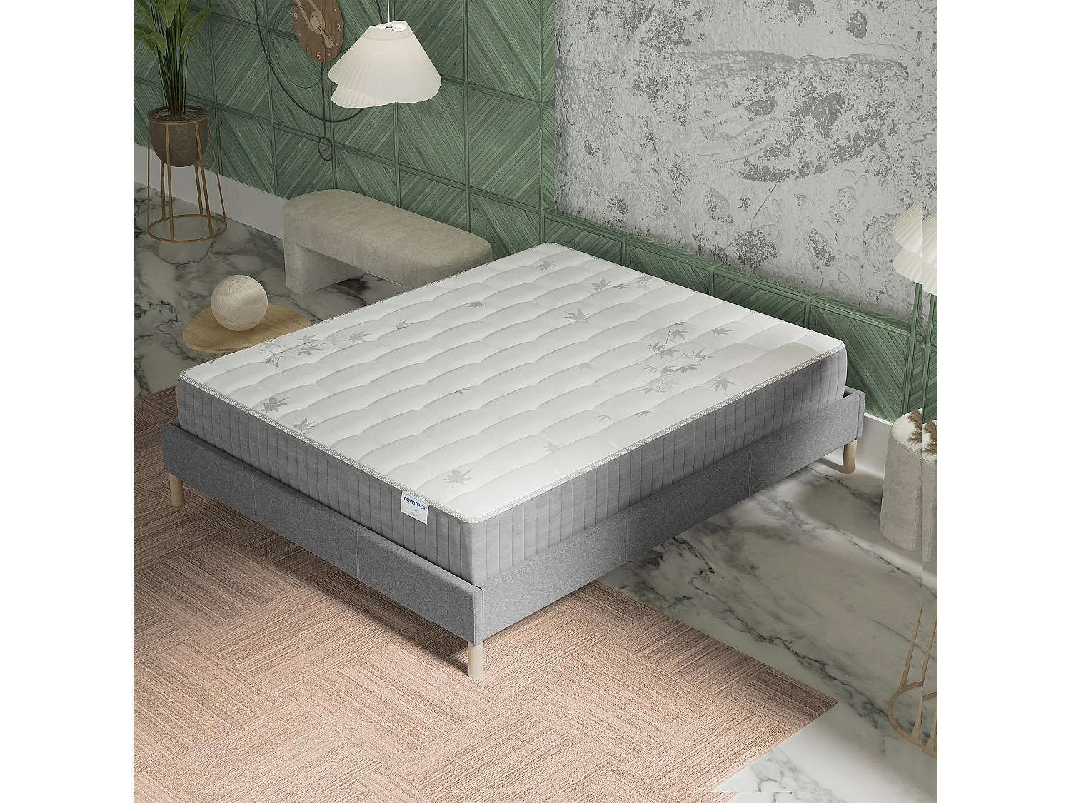 Ensemble Matelas + lit 140x200 cm, Matelas 25cm ressorts ensachés, accueil mémoire de forme, lit à lattes en bois, tissu gris