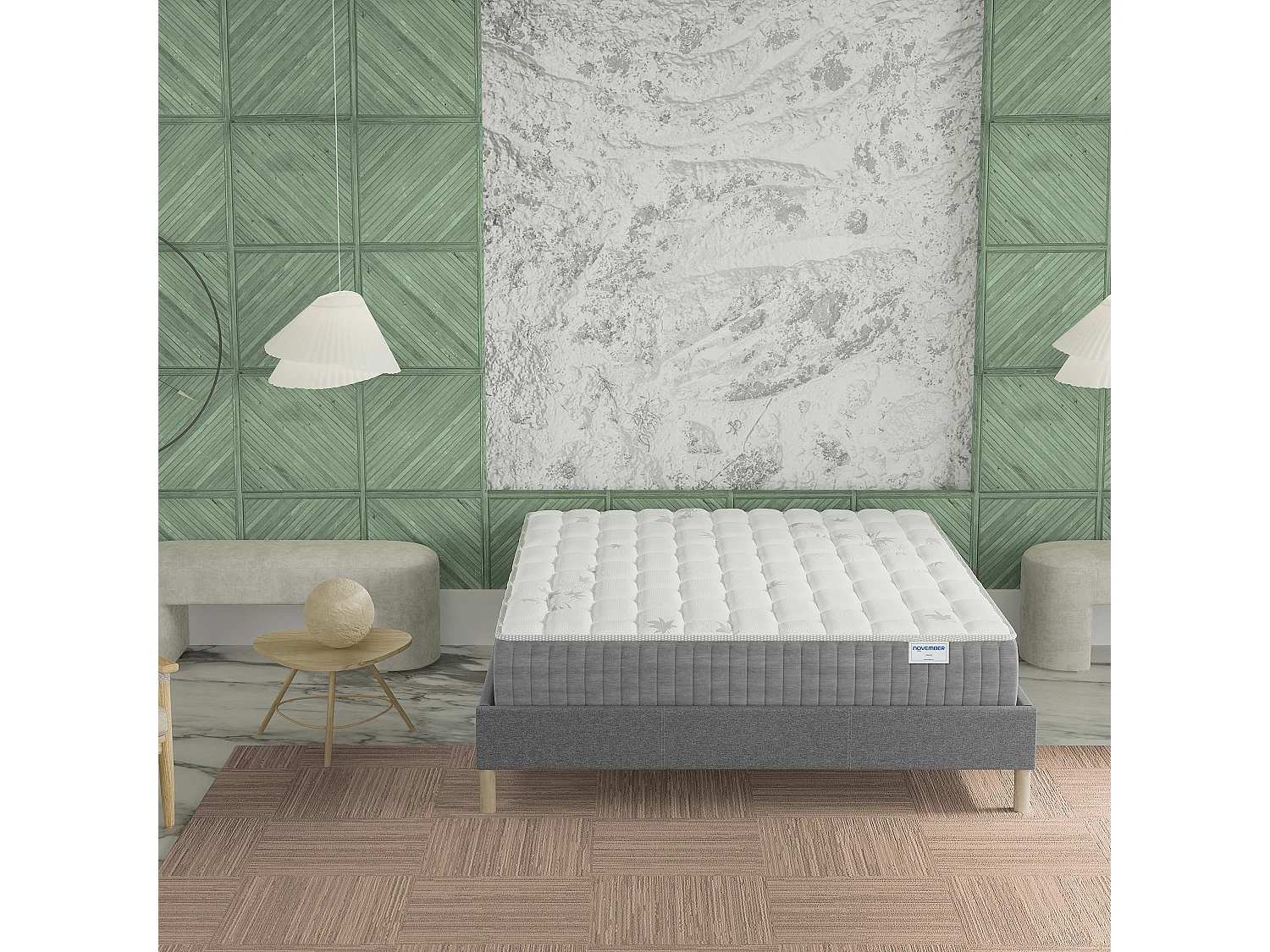 Ensemble Matelas + lit 140x200 cm, Matelas 25cm ressorts ensachés, accueil mémoire de forme, lit à lattes en bois, tissu gris