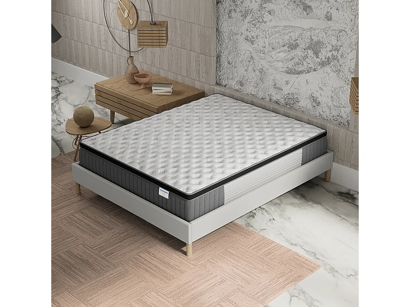 Ensemble matelas + lit 160x200 cm, matelas 30cm ressorts ensachés, accueil mémoire de forme, lit à lattes en bois, tissu blanc