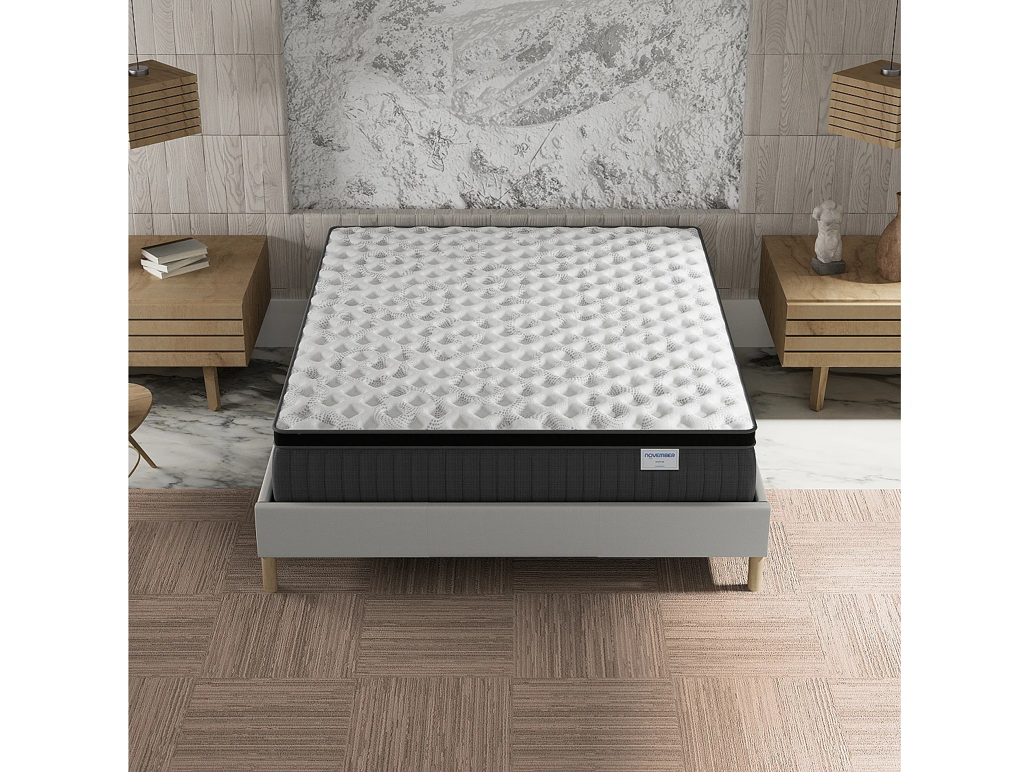 Ensemble matelas + lit 160x200 cm, matelas 30cm ressorts ensachés, accueil mémoire de forme, lit à lattes en bois, tissu blanc