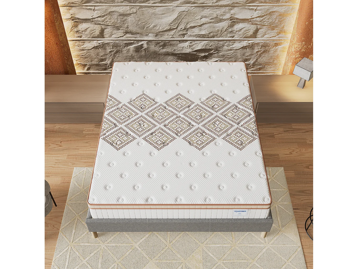 Ensemble matelas + lit 120x190 cm, matelas 28cm ressorts ensachés, accueil mousse, lit à lattes en bois, tissu gris