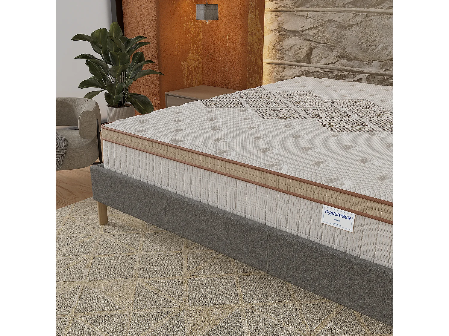 Ensemble matelas + lit 120x190 cm, matelas 28cm ressorts ensachés, accueil mousse, lit à lattes en bois, tissu gris