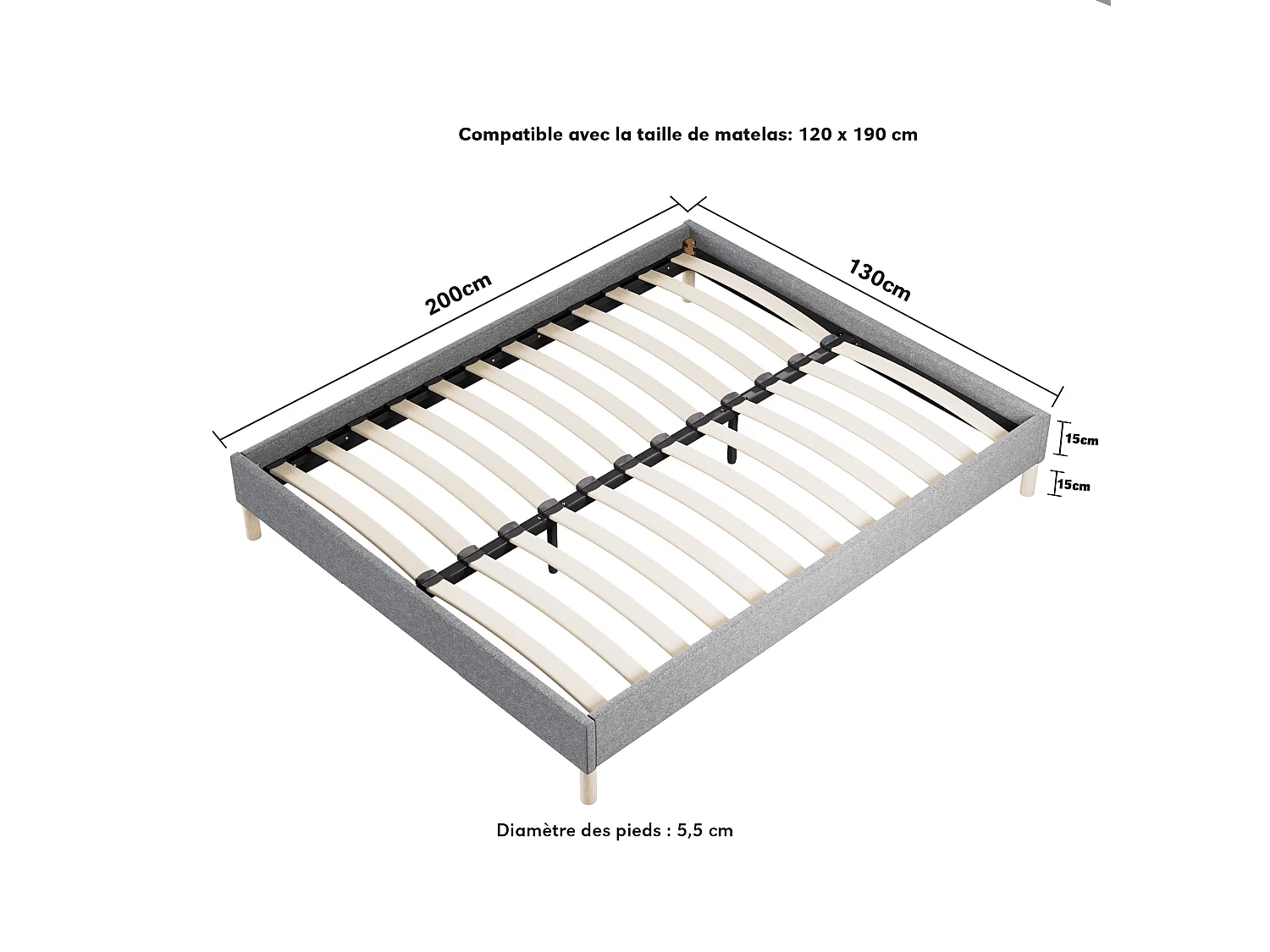 Ensemble matelas + lit 120x190 cm, matelas 28cm ressorts ensachés, accueil mousse, lit à lattes en bois, tissu gris