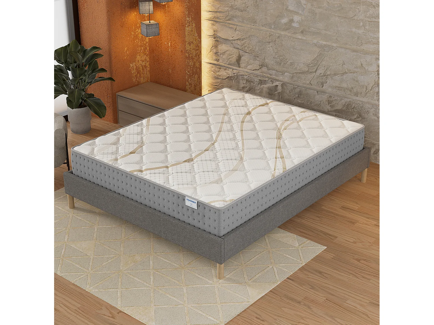 Ensemble Matelas + lit 140x200 cm, Matelas 25cm ressorts ensachés, accueil mousse, lit à lattes en bois, tissu gris