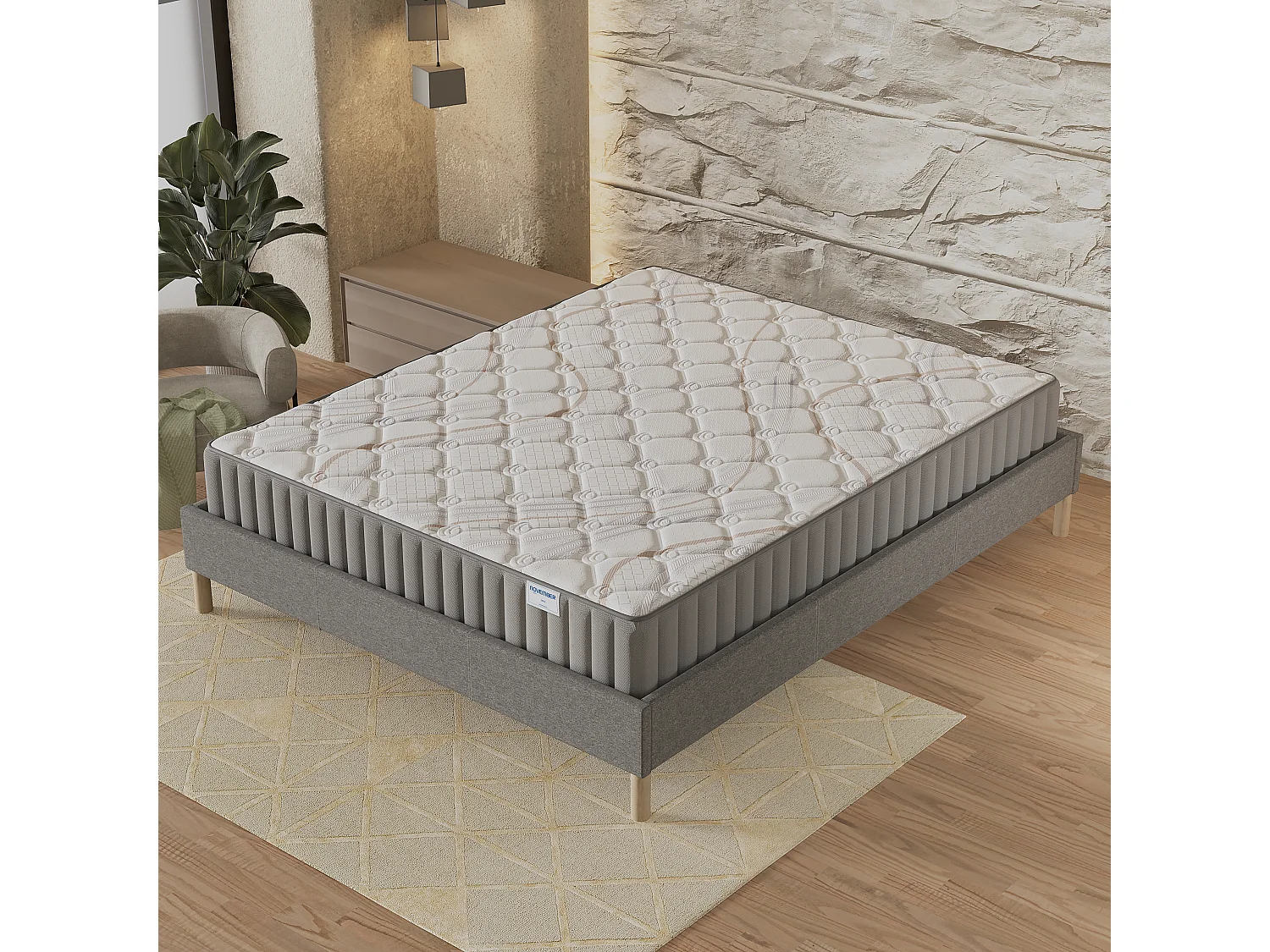 Ensemble matelas + lit 120x190 cm, matelas 16cm mousse, accueil latex, lit à lattes en bois, tissu gris