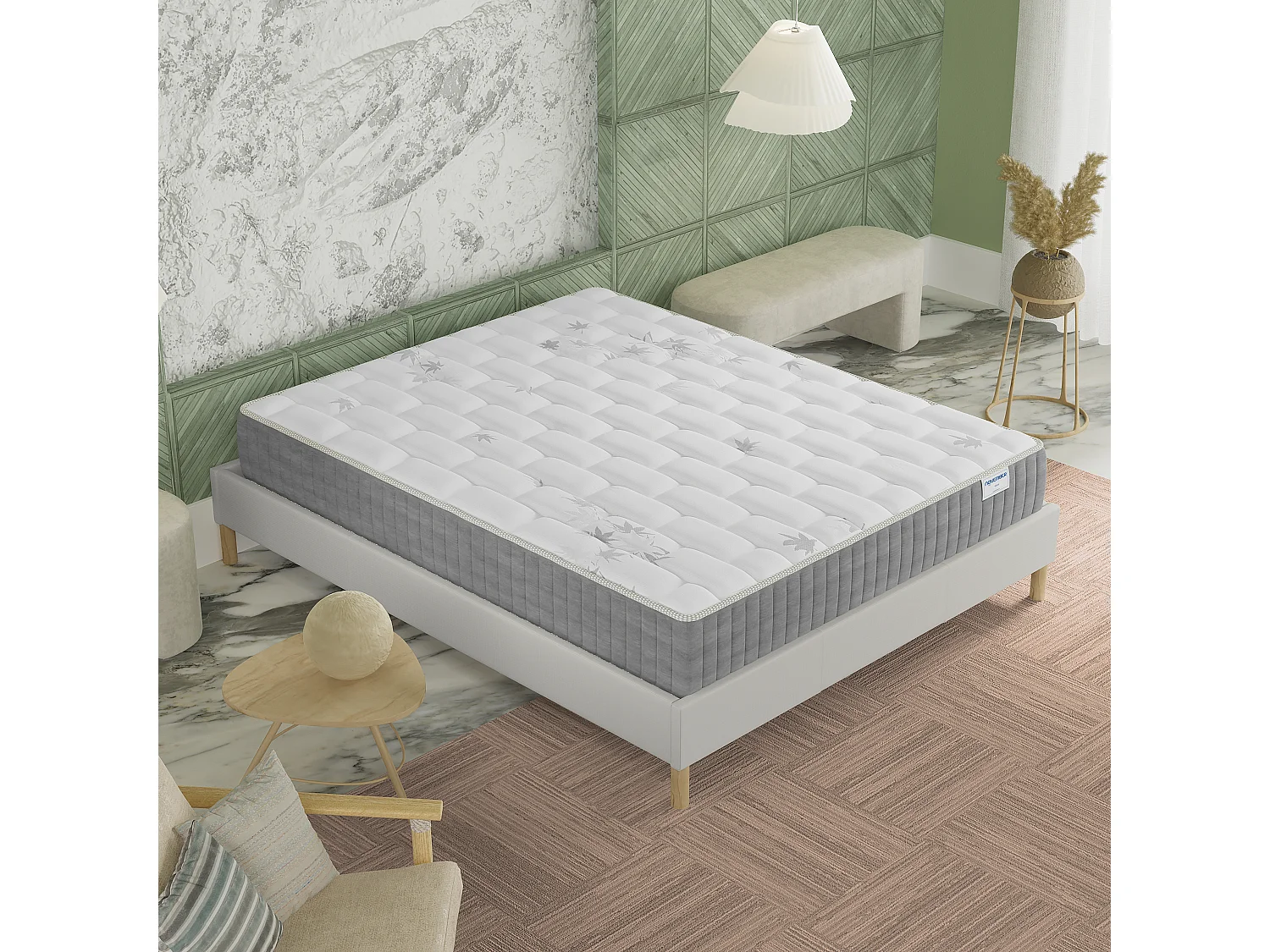 Ensemble Matelas + lit 160x200 cm, Matelas 25cm ressorts ensachés, accueil mémoire de forme, lit à lattes en bois, tissu blanc