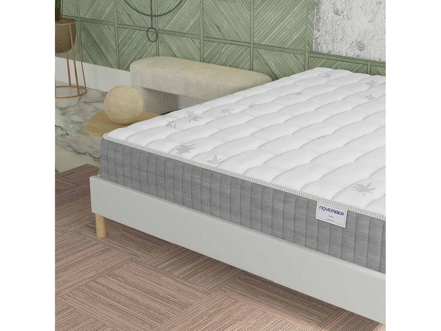 Ensemble Matelas + lit 160x200 cm, Matelas 25cm ressorts ensachés, accueil mémoire de forme, lit à lattes en bois, tissu blanc