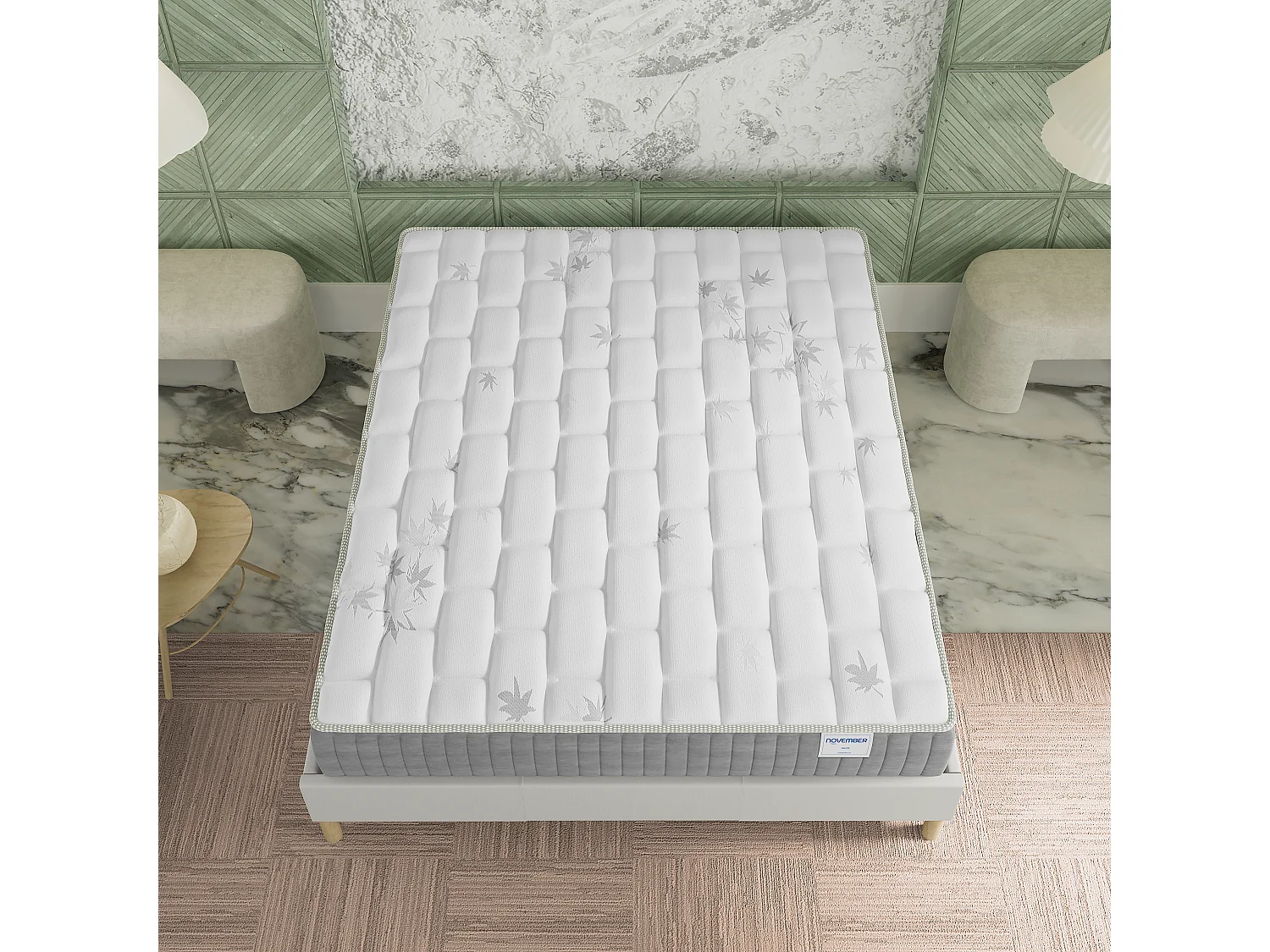 Ensemble Matelas + lit 160x200 cm, Matelas 25cm ressorts ensachés, accueil mémoire de forme, lit à lattes en bois, tissu blanc