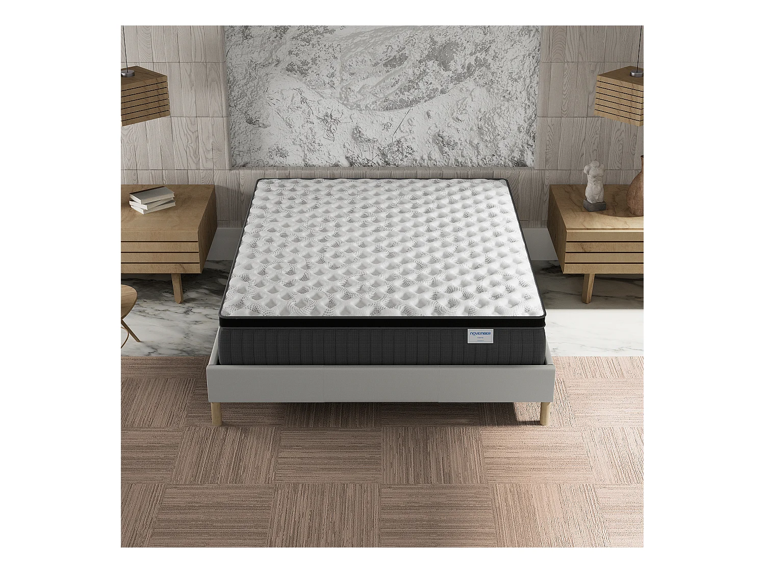 Ensemble matelas + lit 180x200 cm, matelas 30cm ressorts ensachés, accueil mémoire de forme, lit à lattes en bois, tissu blanc