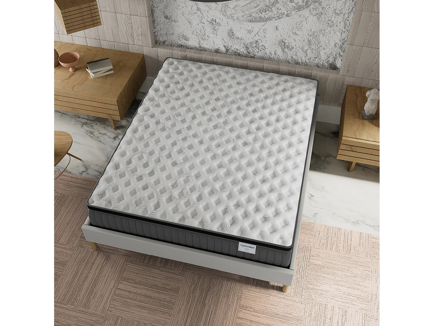 Ensemble matelas + lit 180x200 cm, matelas 30cm ressorts ensachés, accueil mémoire de forme, lit à lattes en bois, tissu blanc