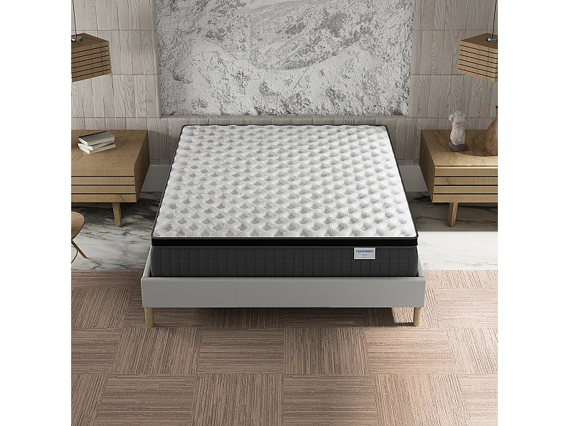 Ensemble matelas + lit 180x200 cm, matelas 30cm ressorts ensachés, accueil mémoire de forme, lit à lattes en bois, tissu blanc