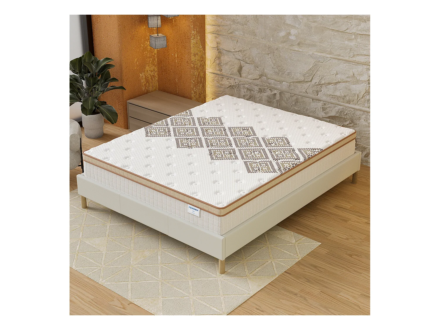 Ensemble matelas + lit 160x200 cm, matelas 28cm ressorts ensachés, accueil mousse, lit à lattes en bois, tissu blanc crème