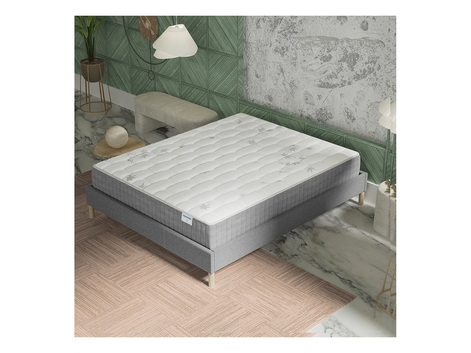 Ensemble Matelas + lit 180x200 cm, Matelas 25cm ressorts ensachés, accueil mémoire de forme, lit à lattes en bois, tissu gris