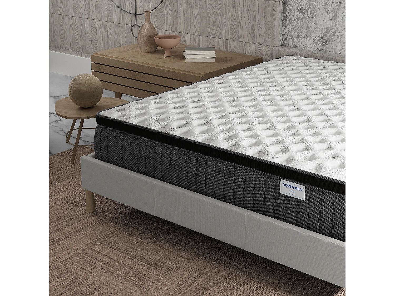 Ensemble matelas + lit 140x200 cm, matelas 30cm ressorts ensachés, accueil mémoire de forme, lit à lattes en bois, tissu blanc