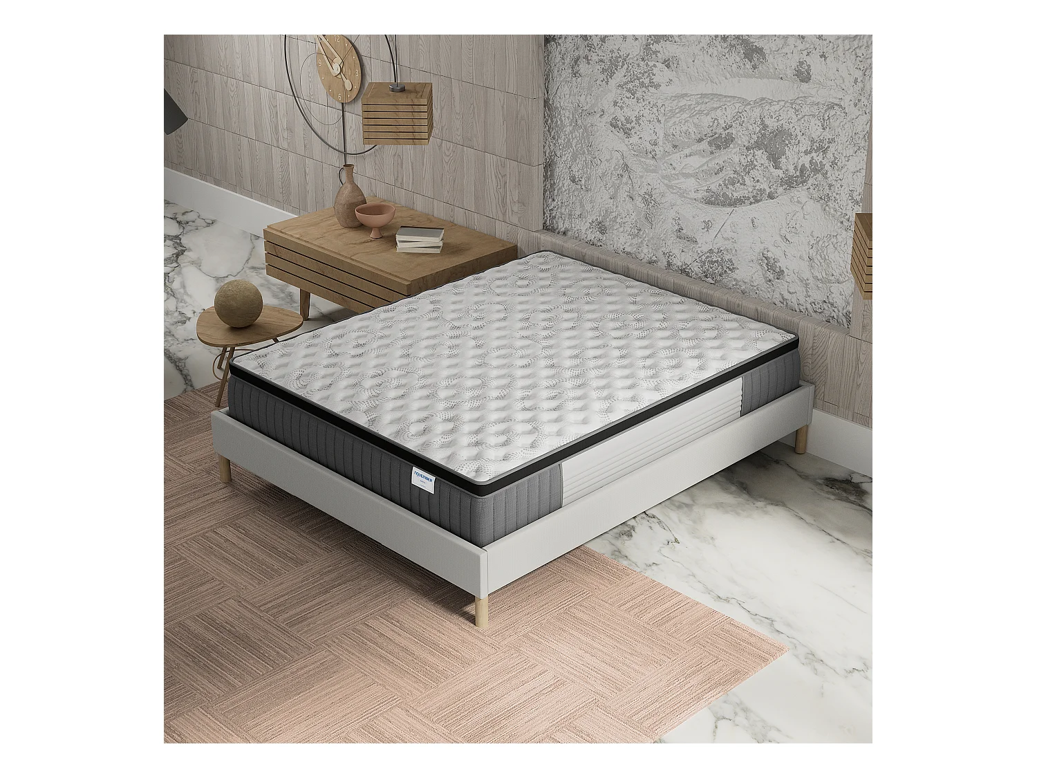 Ensemble matelas + lit 140x200 cm, matelas 30cm ressorts ensachés, accueil mémoire de forme, lit à lattes en bois, tissu blanc