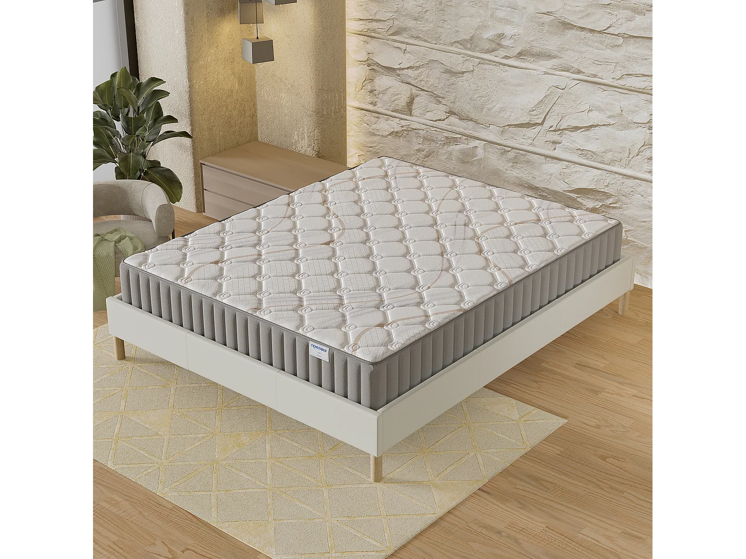 Ensemble matelas + lit 180x200 cm, matelas 16cm mousse, accueil latex, lit à lattes en bois, tissu blanc