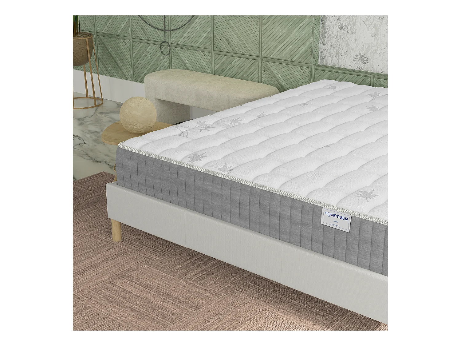 Ensemble Matelas + lit 140x190 cm, Matelas 25cm ressorts ensachés, accueil mémoire de forme, lit à lattes en bois, tissu blanc
