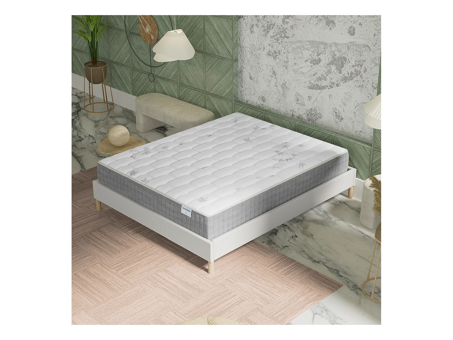 Ensemble Matelas + lit 140x190 cm, Matelas 25cm ressorts ensachés, accueil mémoire de forme, lit à lattes en bois, tissu blanc