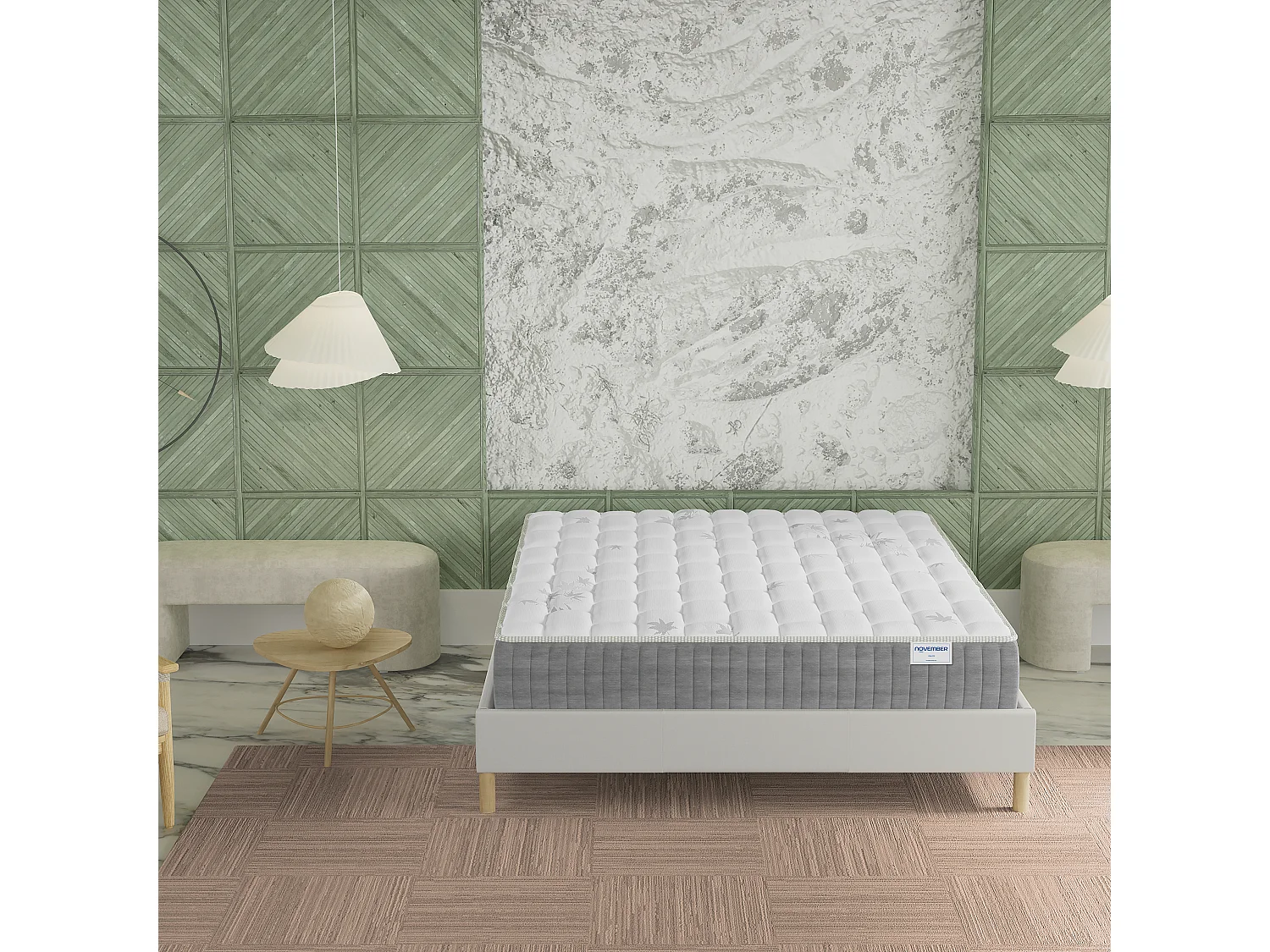 Ensemble Matelas + lit 140x190 cm, Matelas 25cm ressorts ensachés, accueil mémoire de forme, lit à lattes en bois, tissu blanc