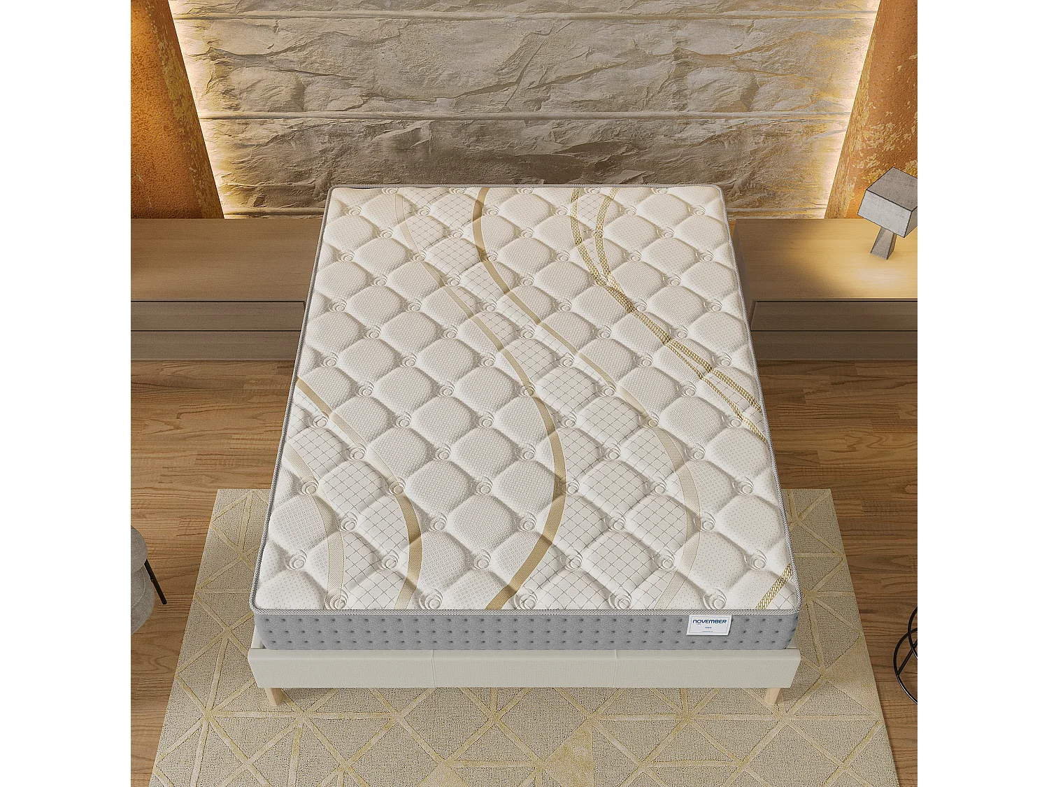 Ensemble Matelas + lit 180x200 cm, Matelas 25cm ressorts ensachés, accueil mousse, lit à lattes en bois, tissu blanc