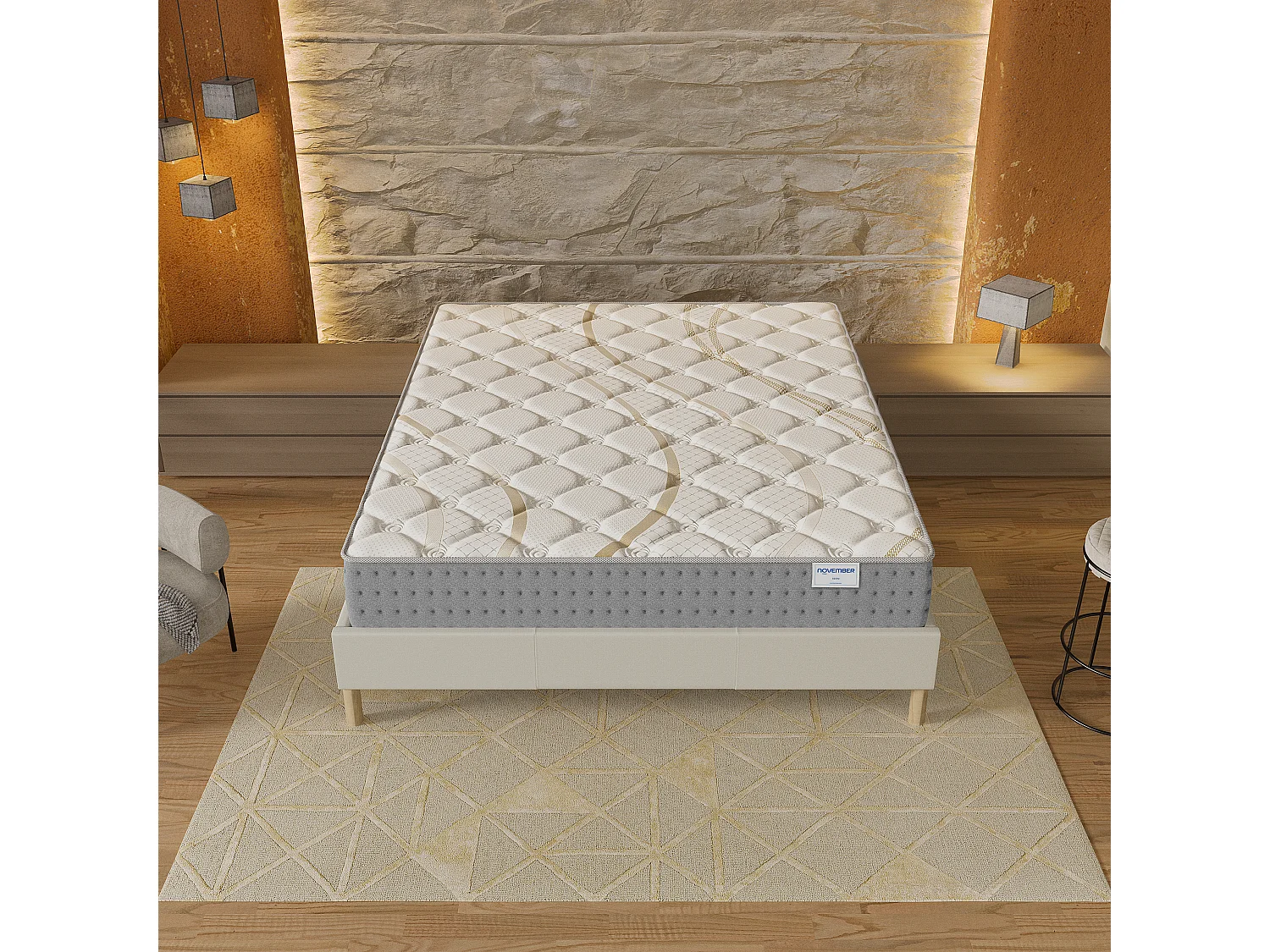 Ensemble Matelas + lit 180x200 cm, Matelas 25cm ressorts ensachés, accueil mousse, lit à lattes en bois, tissu blanc