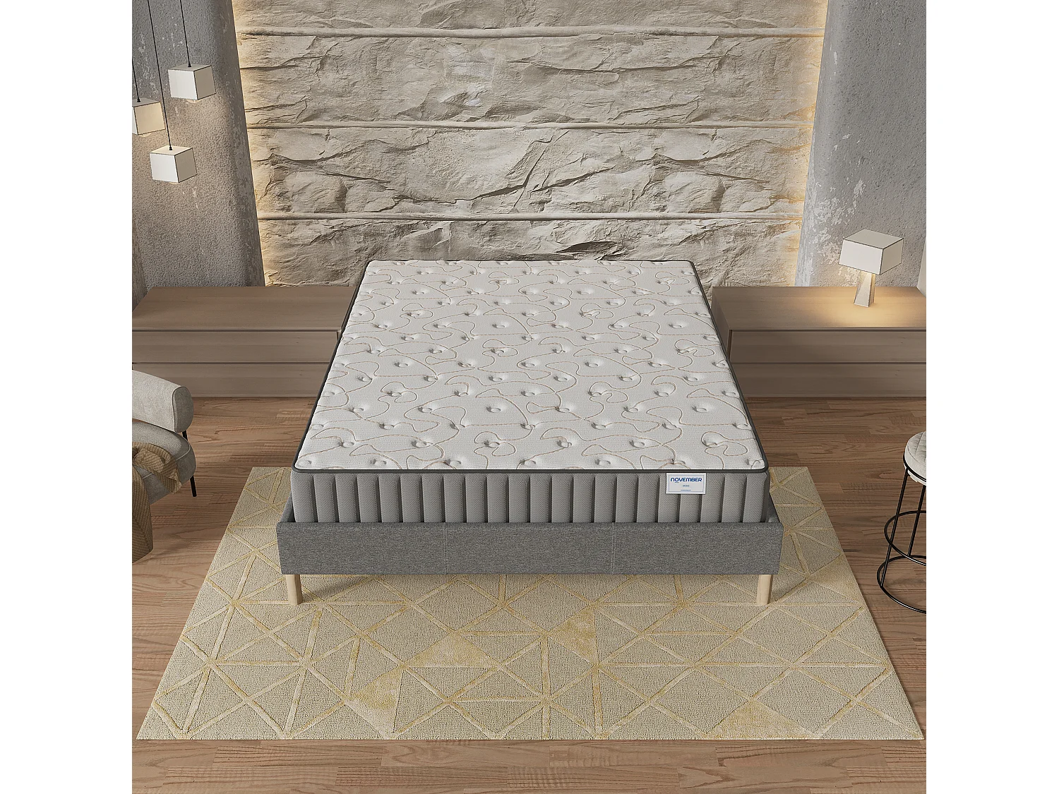 Ensemble matelas mémoire de forme + sommier 160x200cm, Matelas 16cm d’épaisseur et sommier tissu gris