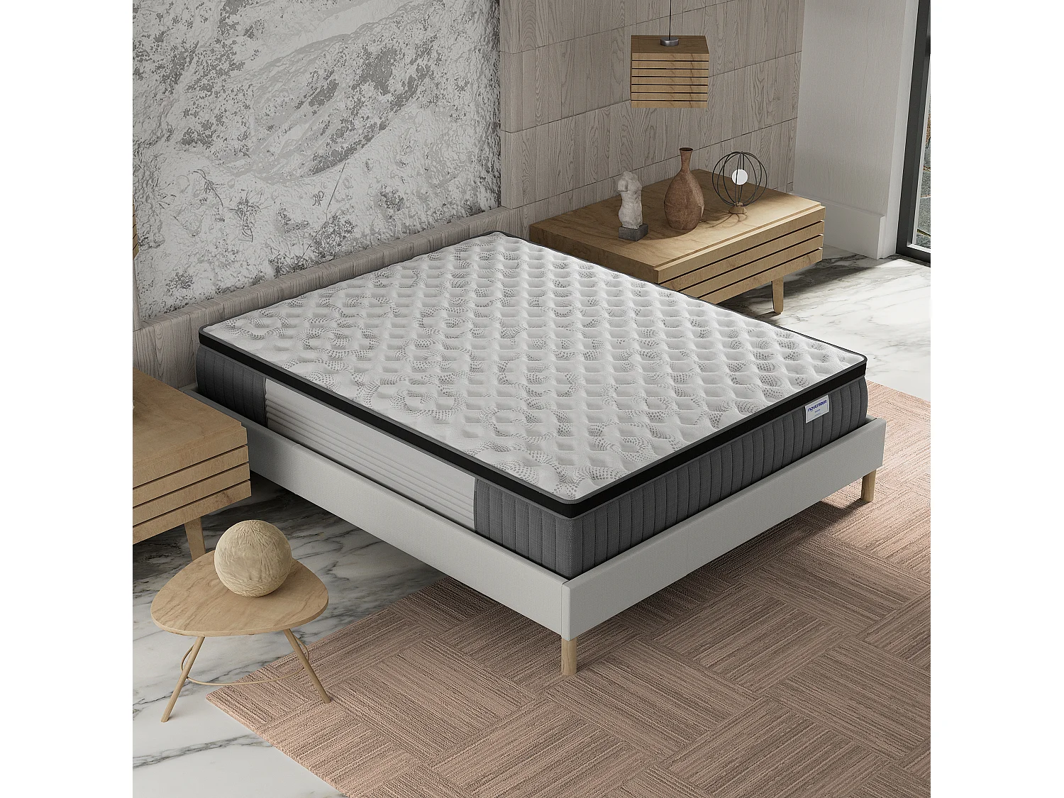 Ensemble matelas + lit 140x190 cm, matelas 30cm ressorts ensachés, accueil mémoire de forme, lit à lattes en bois, tissu blanc