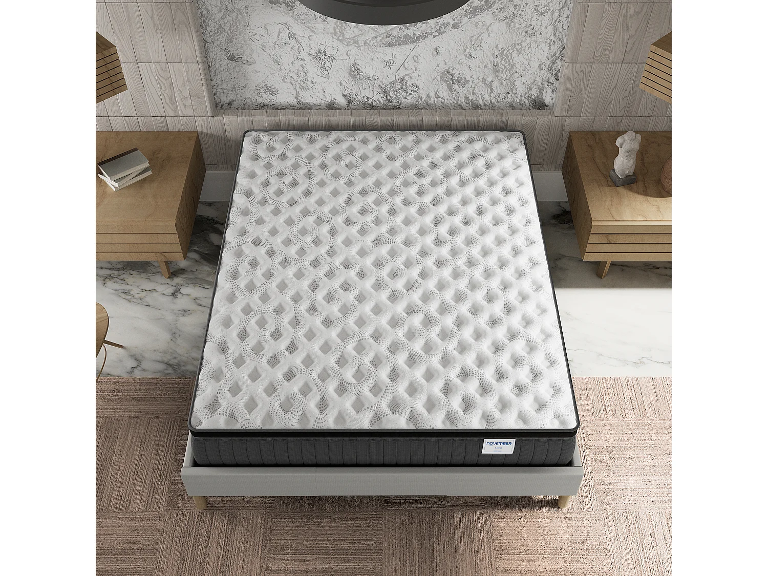 Ensemble matelas + lit 140x190 cm, matelas 30cm ressorts ensachés, accueil mémoire de forme, lit à lattes en bois, tissu blanc