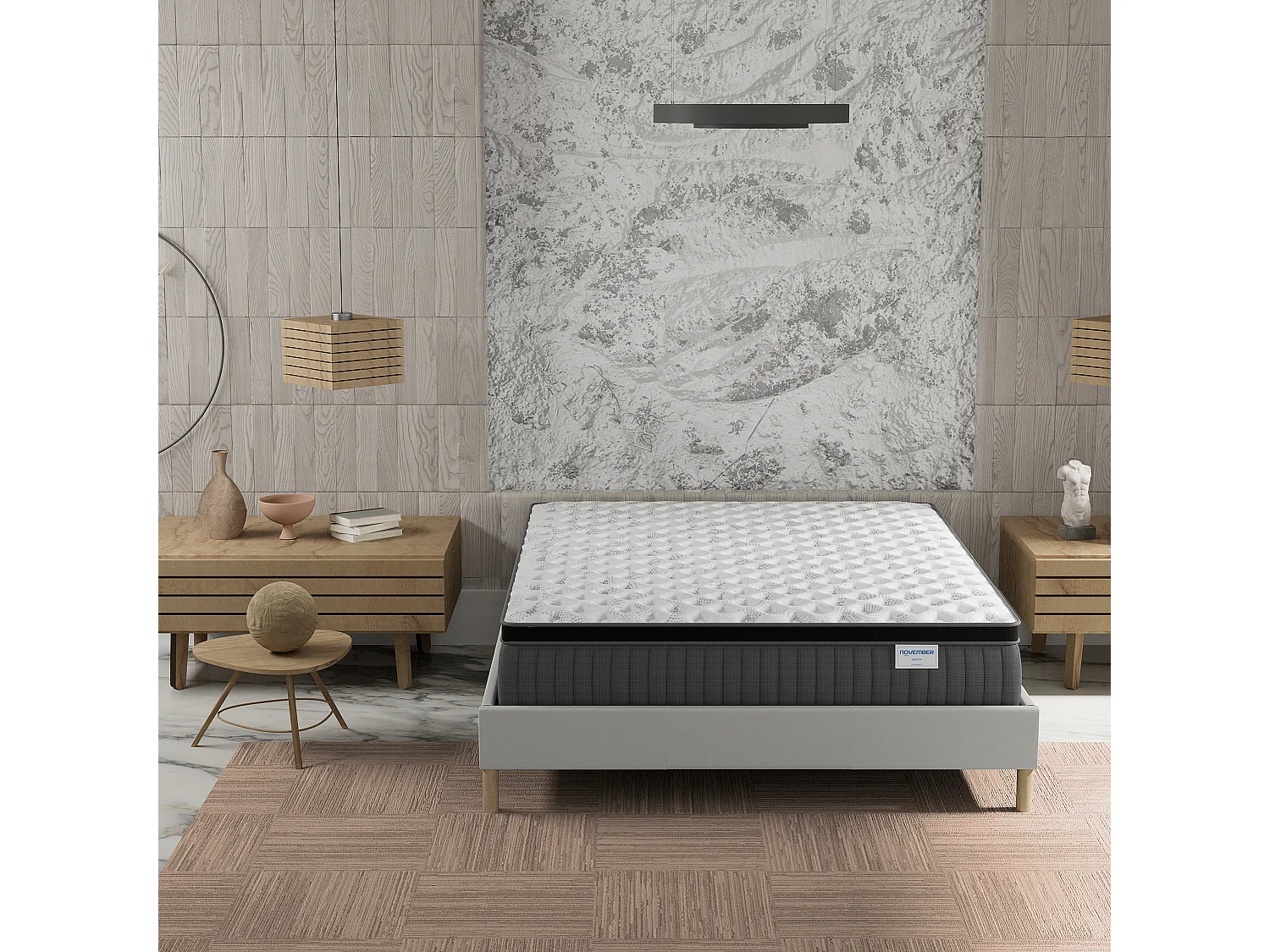 Ensemble matelas + lit 140x190 cm, matelas 30cm ressorts ensachés, accueil mémoire de forme, lit à lattes en bois, tissu blanc