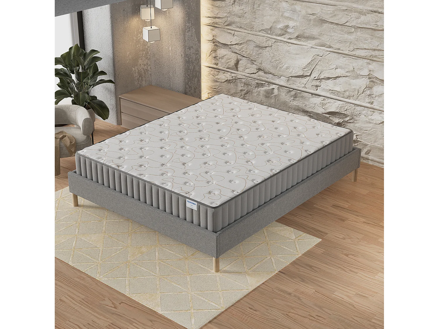 Ensemble matelas mémoire de forme + sommier 90x190cm, Matelas 16cm d’épaisseur et sommier tissu gris