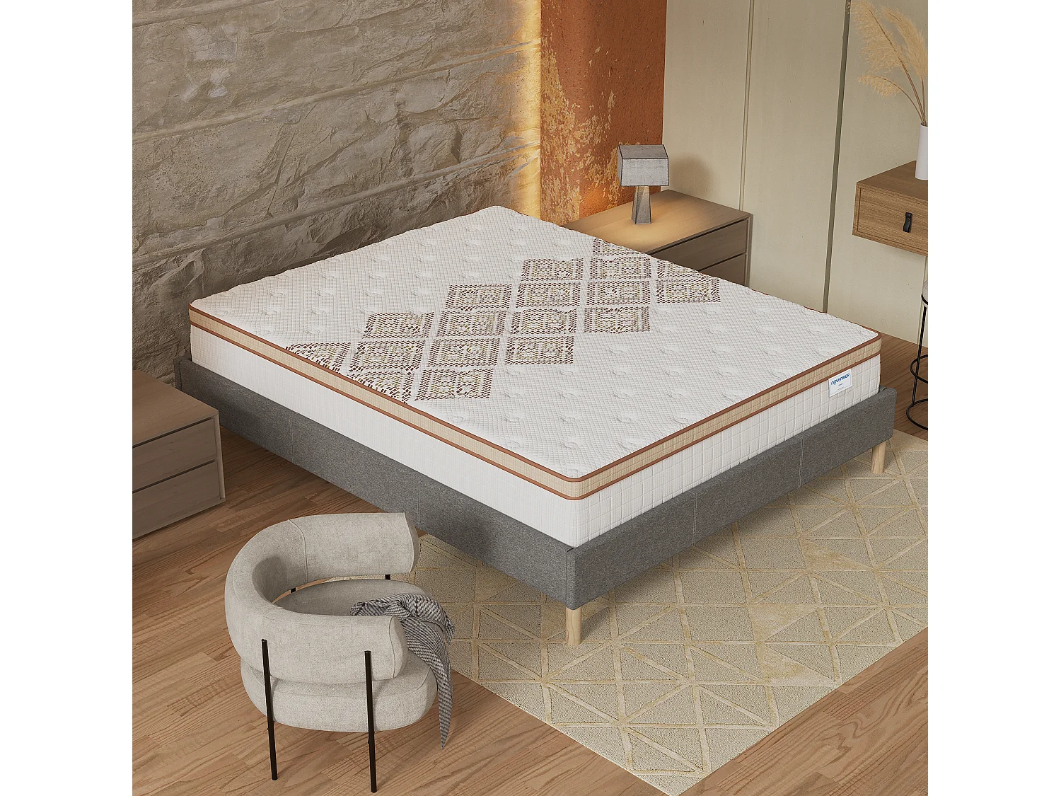 Ensemble matelas + lit 140x200 cm, matelas 28cm ressorts ensachés, accueil mousse, lit à lattes en bois, tissu gris