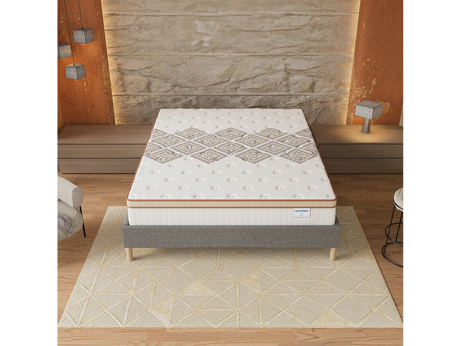 Ensemble matelas + lit 140x200 cm, matelas 28cm ressorts ensachés, accueil mousse, lit à lattes en bois, tissu gris