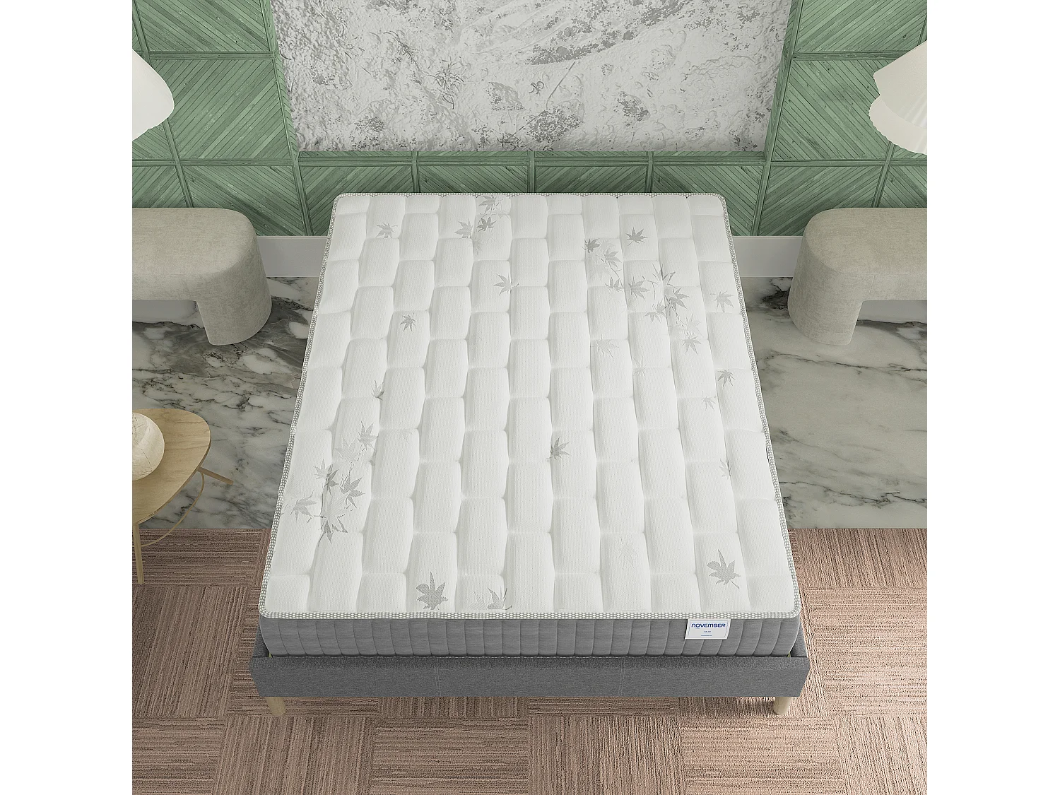 Ensemble Matelas + lit 140x190 cm, Matelas 25cm ressorts ensachés, accueil mémoire de forme, lit à lattes en bois, tissu gris